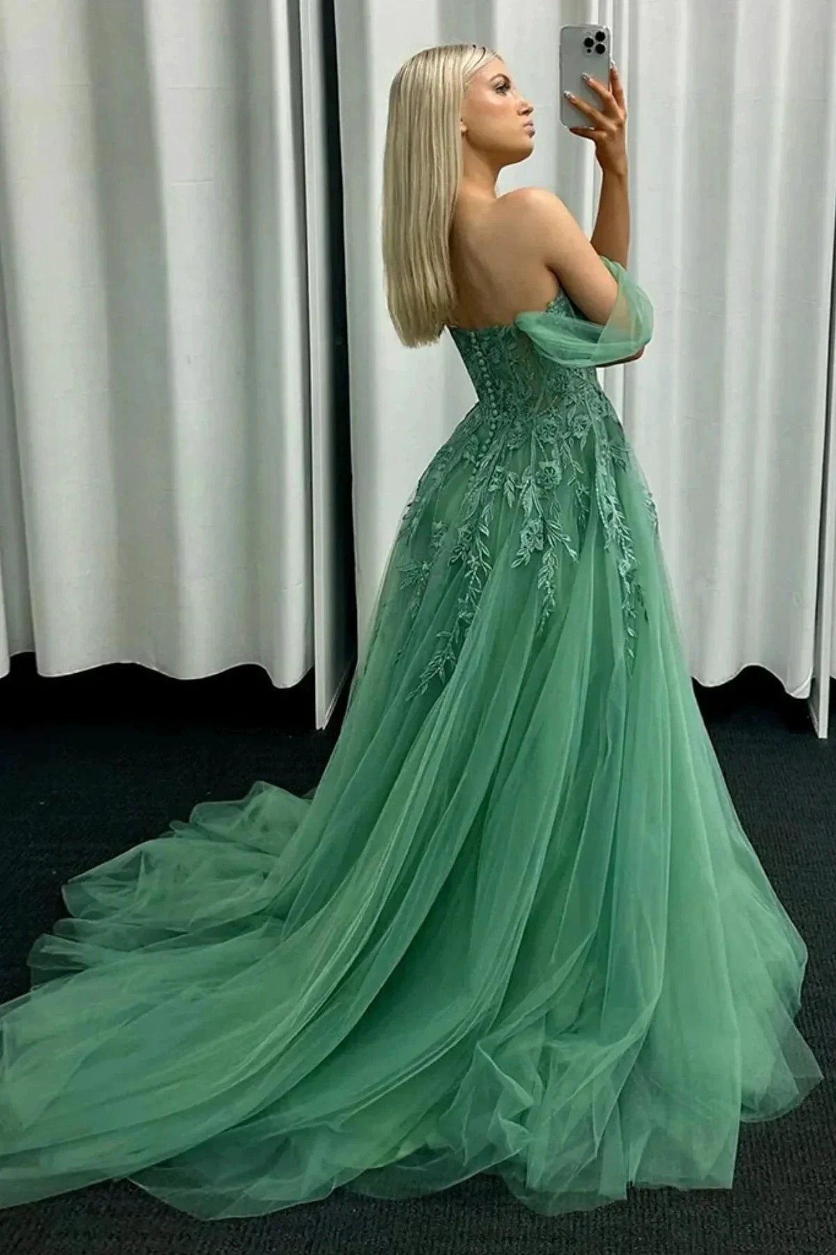 Corbin | Off the Shoulder Mint Green Tulle Lace Prom Dresses with Appliques