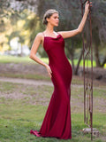Long Spaghetti Strap Cowl Neck Burgundy Satin Mermaid Dress with Open Back