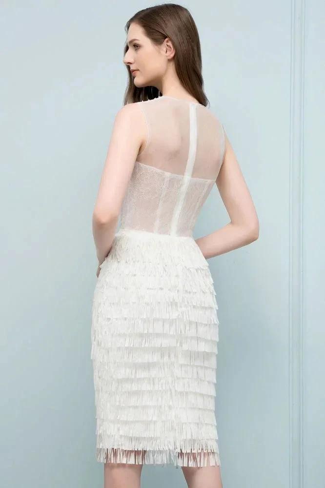 Crew Knee Length Mermaid Sleeveless Prom Dresses with Tassels