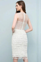 Crew Knee Length Mermaid Sleeveless Prom Dresses with Tassels