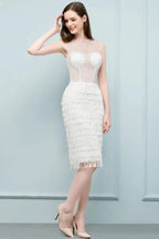 Crew Knee Length Mermaid Sleeveless Prom Dresses with Tassels