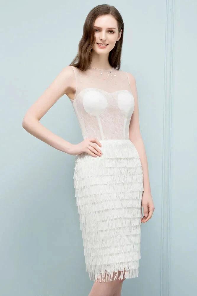 Crew Knee Length Mermaid Sleeveless Prom Dresses with Tassels