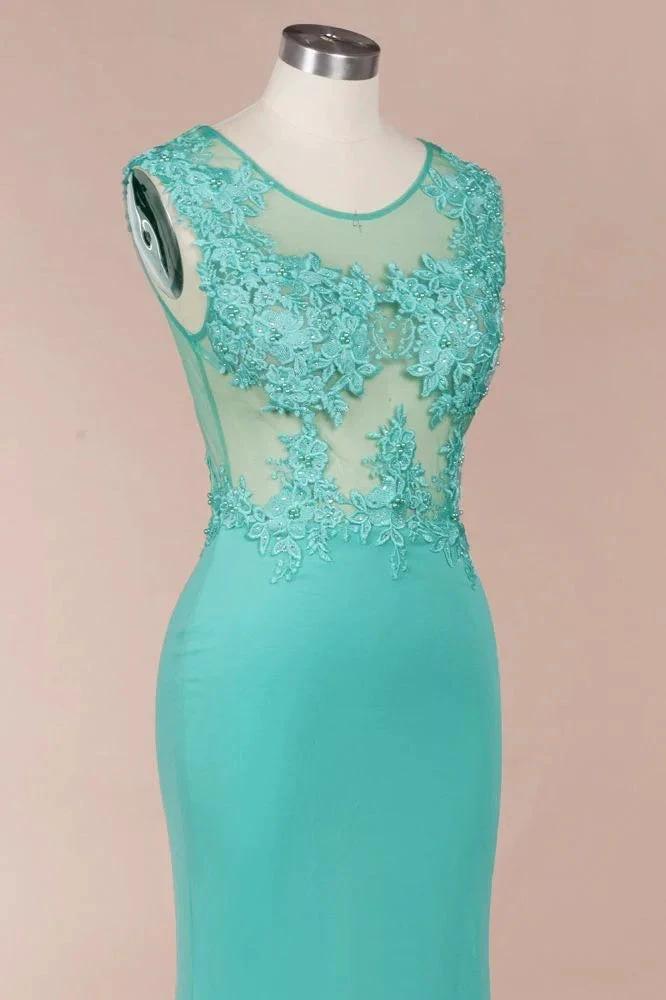 Crew Neck Lace Appliques Chiffon Mermaid Evening Maxi Dress Sleeveless Formal Dress