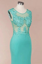 Crew Neck Lace Appliques Chiffon Mermaid Evening Maxi Dress Sleeveless Formal Dress