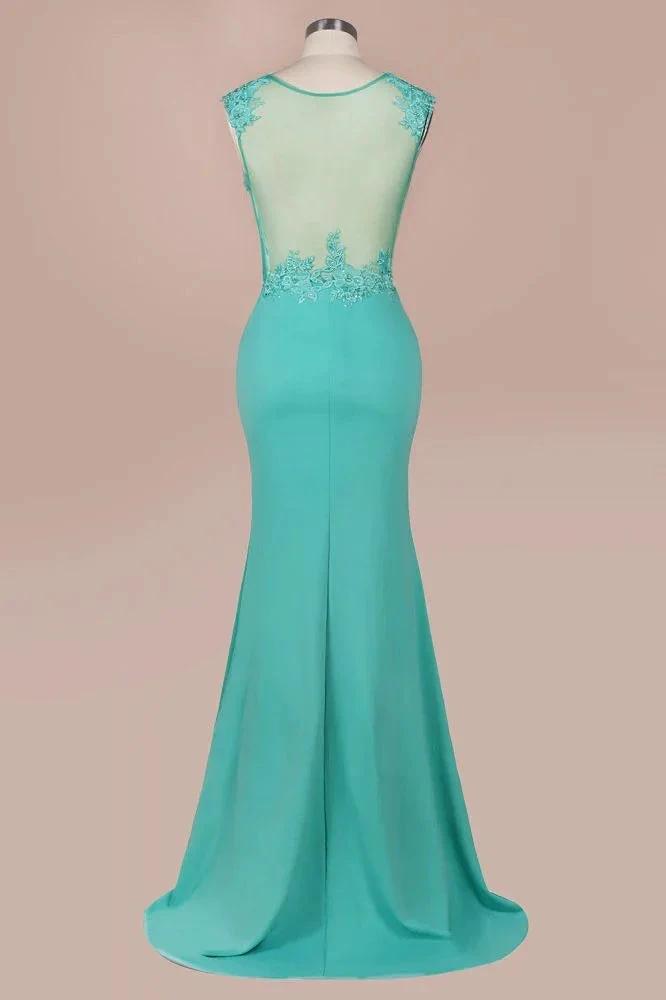 Crew Neck Lace Appliques Chiffon Mermaid Evening Maxi Dress Sleeveless Formal Dress
