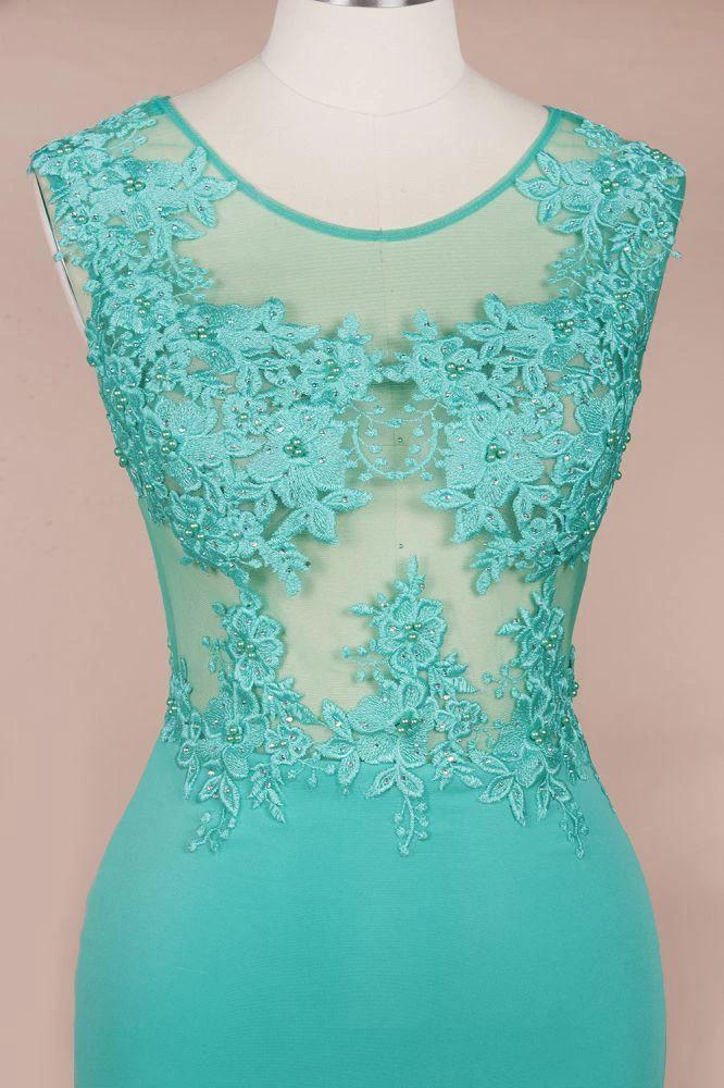 Crew Neck Lace Appliques Chiffon Mermaid Evening Maxi Dress Sleeveless Formal Dress
