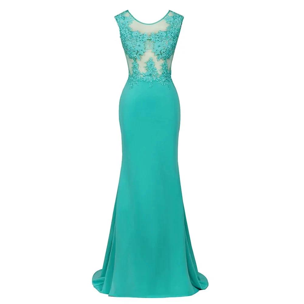 Crew Neck Lace Appliques Chiffon Mermaid Evening Maxi Dress Sleeveless Formal Dress