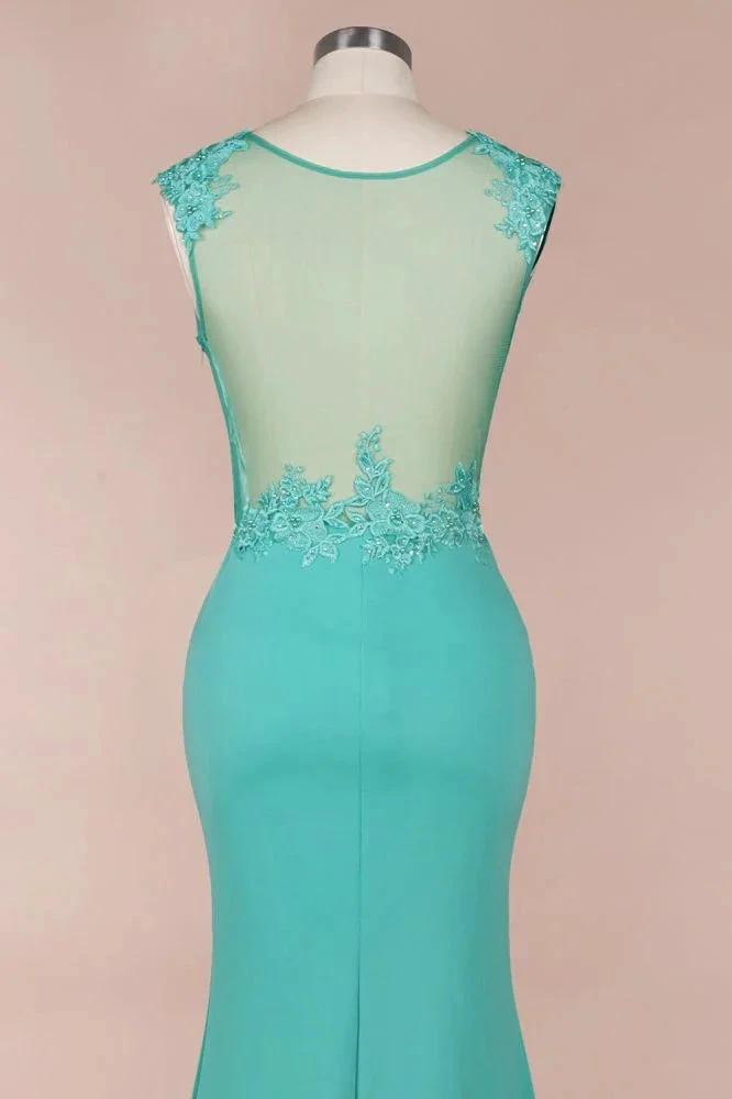 Crew Neck Lace Appliques Chiffon Mermaid Evening Maxi Dress Sleeveless Formal Dress