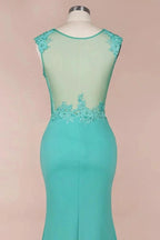 Crew Neck Lace Appliques Chiffon Mermaid Evening Maxi Dress Sleeveless Formal Dress