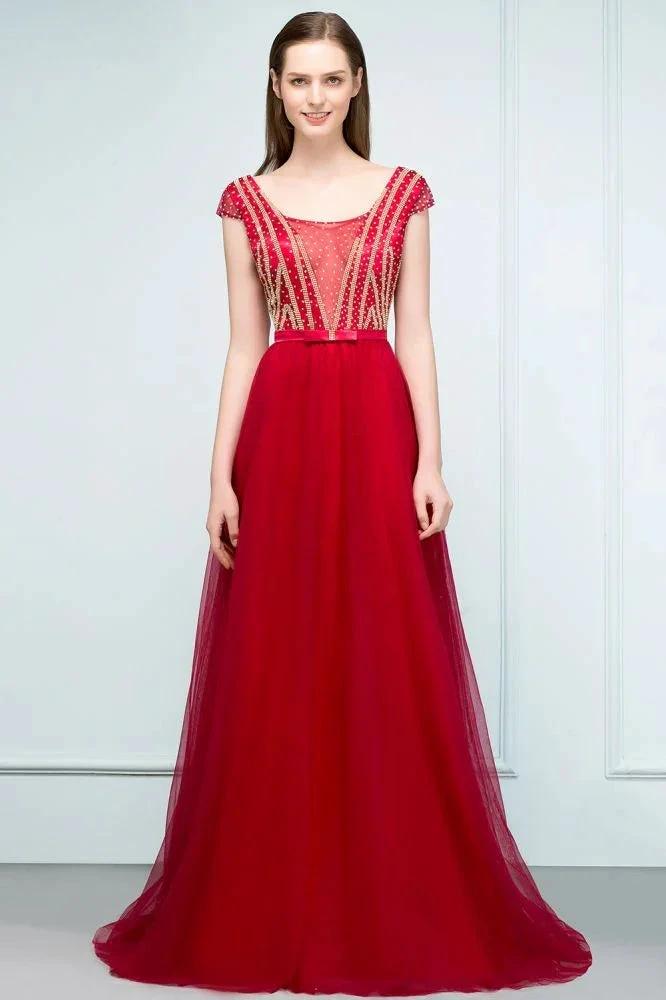 Crystal Beading Tulle A-line Floor Length Cap Sleeves Prom Dresses with Sash