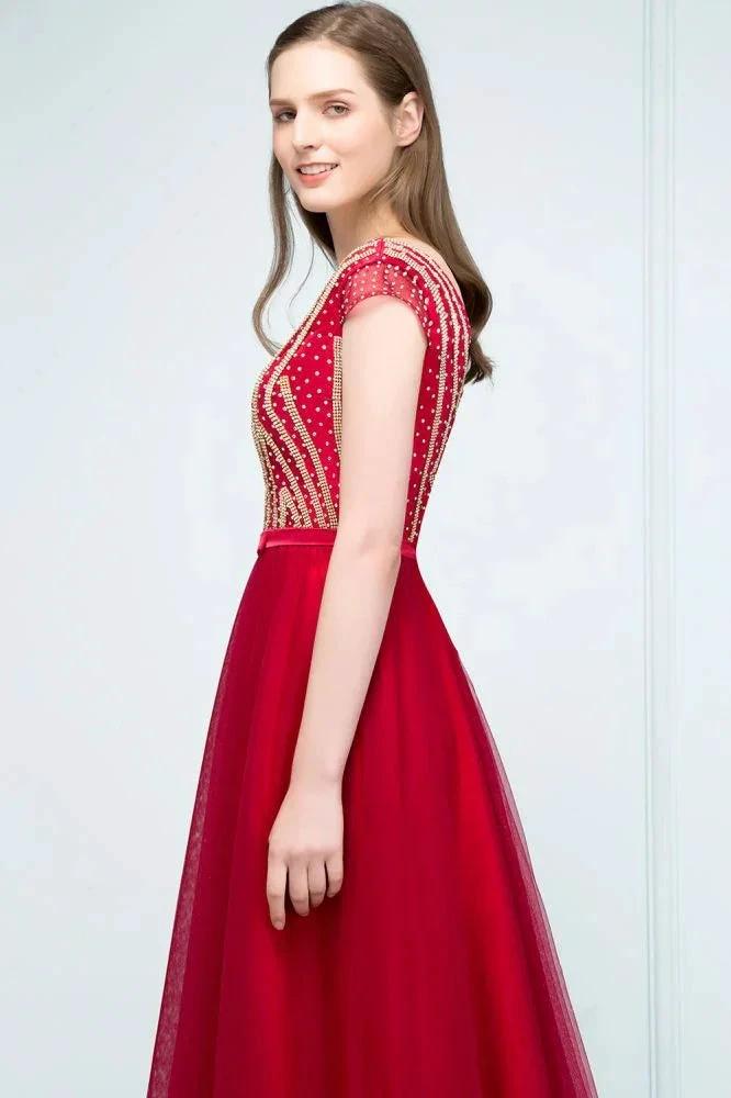 Crystal Beading Tulle A-line Floor Length Cap Sleeves Prom Dresses with Sash