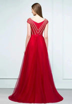 Crystal Beading Tulle A-line Floor Length Cap Sleeves Prom Dresses with Sash