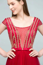 Crystal Beading Tulle A-line Floor Length Cap Sleeves Prom Dresses with Sash