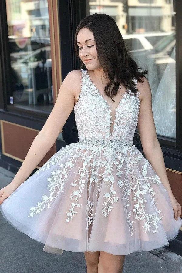 Cute A-line V-neck Tulle Floral Lace Backless Short Prom Dresses
