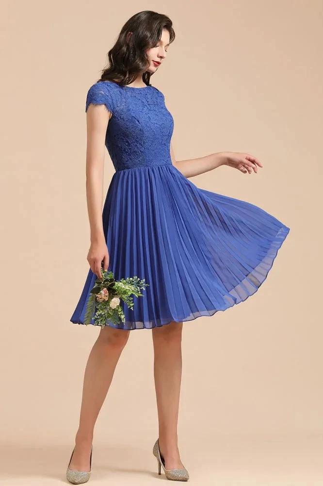 Cute Lace Chiffion Mini Party Dress Short Sleeves  Knee Length Homecoming Dress