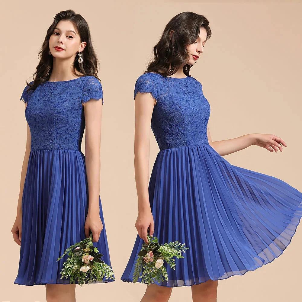 Cute Lace Chiffion Mini Party Dress Short Sleeves  Knee Length Homecoming Dress