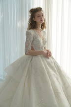 Dazzling Ball Gown Deep V-Neck Tulle Wedding Dress with Beaded Embroidery & Illusion Cut-Out Back Q-6022