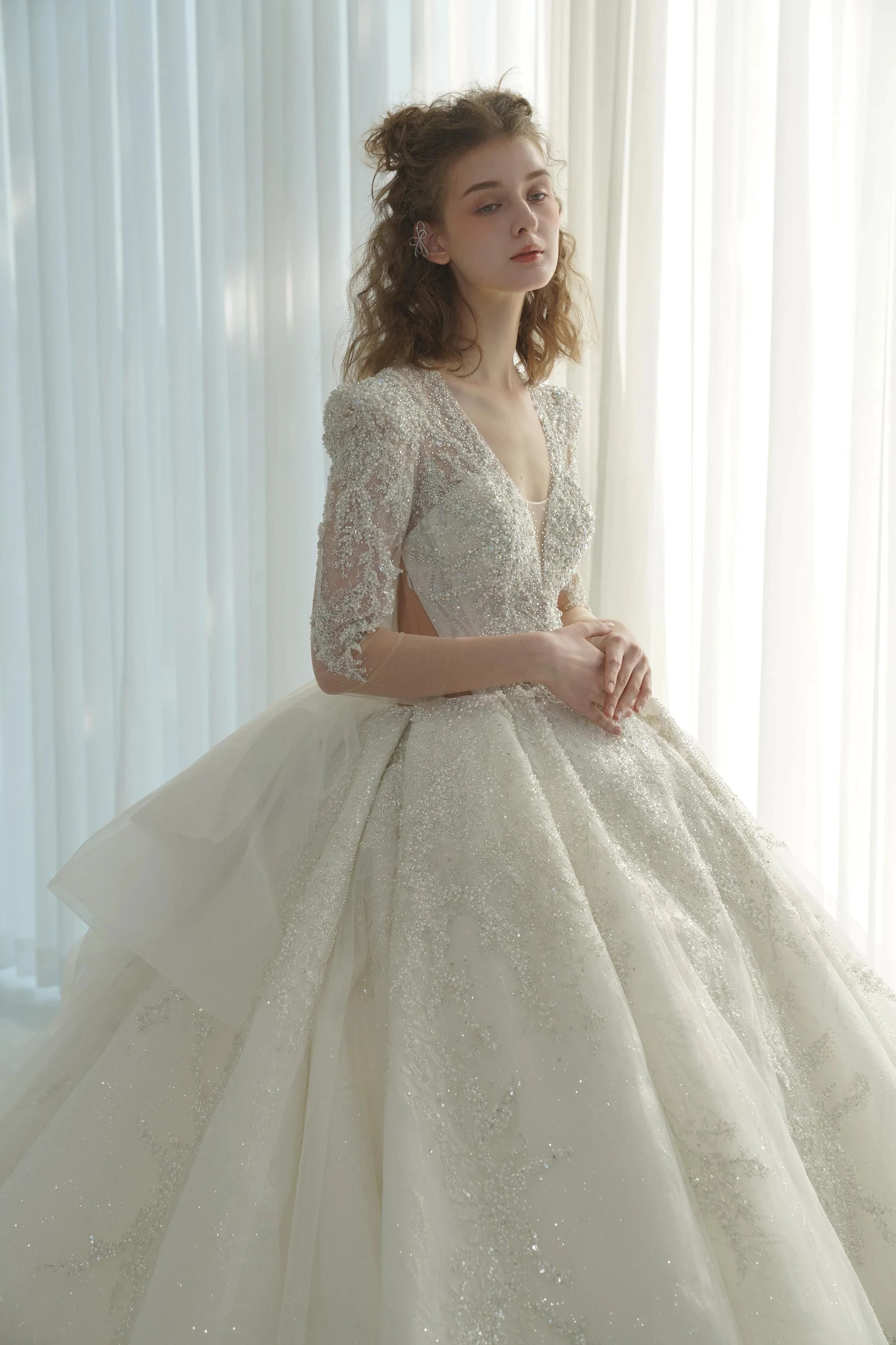 Dazzling Ball Gown Deep V-Neck Tulle Wedding Dress with Beaded Embroidery & Illusion Cut-Out Back Q-6022