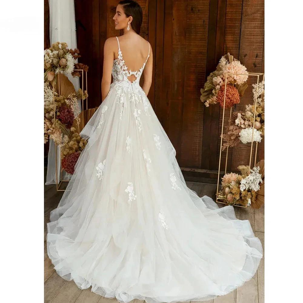 Boho Elegant Wedding Dress For Women  V-Neck A-Line Tiered Lace Appliques Backless Bridal Gowns Vestidos De Novia