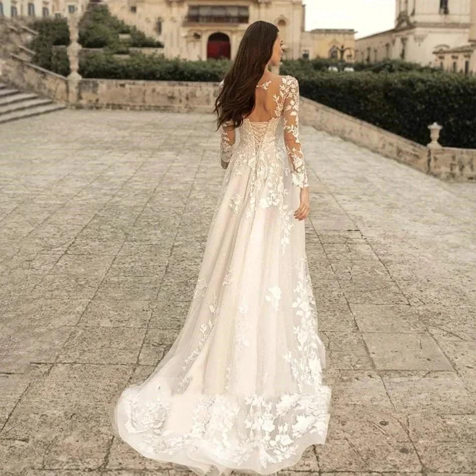 Elegant Round Neck Wedding Dresses 2023 Lace Long Sleeve Decal A-line  Fashion Women's Bridal Dress Robe Back Strap Design De