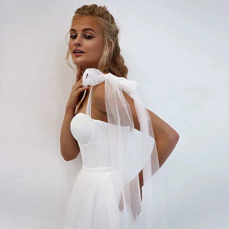 Simple White Tulle Wedding Dresses Boho Bow Spaghetti Straps A-Line Beach Wedding Party Gowns Abito Da Sposa 2021