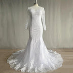 Gorgeous Lace Long Sleeve Mermaid Wedding Dresses Tulle Bridal Gown For Women Cathedral Train V-Neck Appliques Button Back