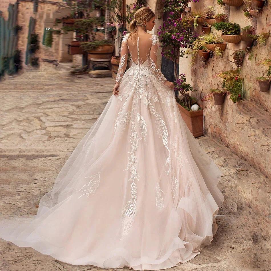 Sexy V-Neck Applique Wedding Dress Lace 2023 Illusion Long Sleeve A-Line Princess Bride Dress Bohemia Vestido De Noiva Women's