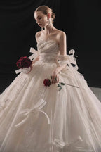 Romantic Strapless Ball Gown Tulle Ribbon Embellished Lace Wedding Dress with Voluminous Skirt H008
