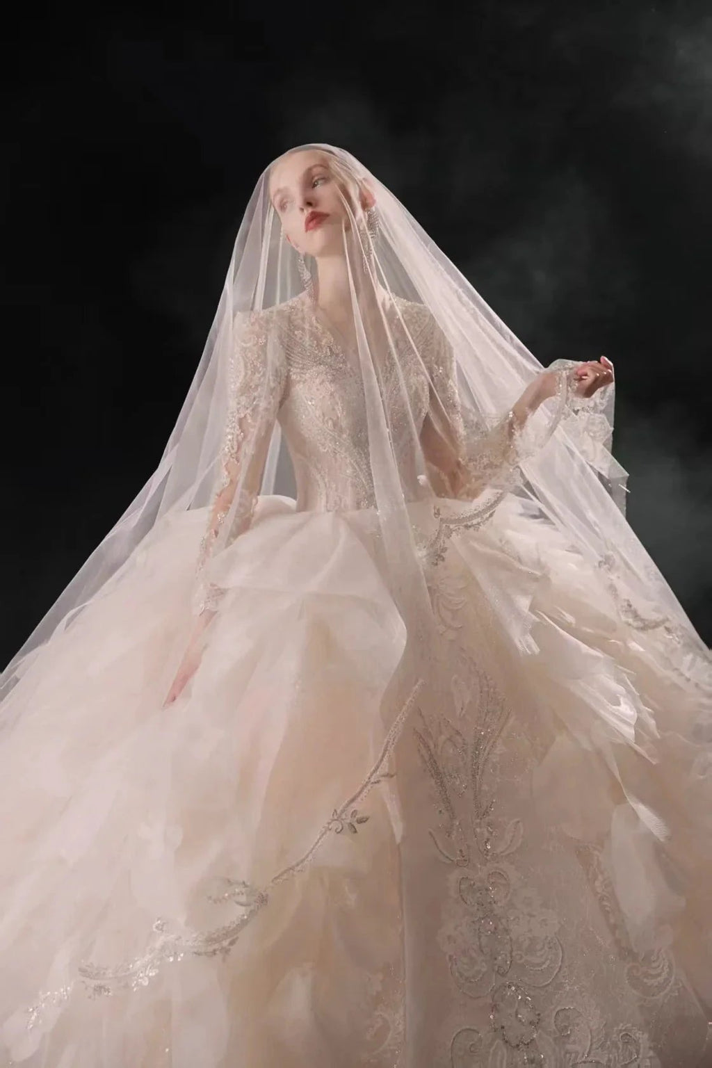 Luxurious V-Neck Ball Gown Long Lace Sleeve Beaded Embroidery Wedding Dress with Layered Ruffled Train E310