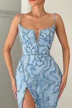 Vintage Long Sequins Spaghetti Straps Mermaid Prom Dress with Split