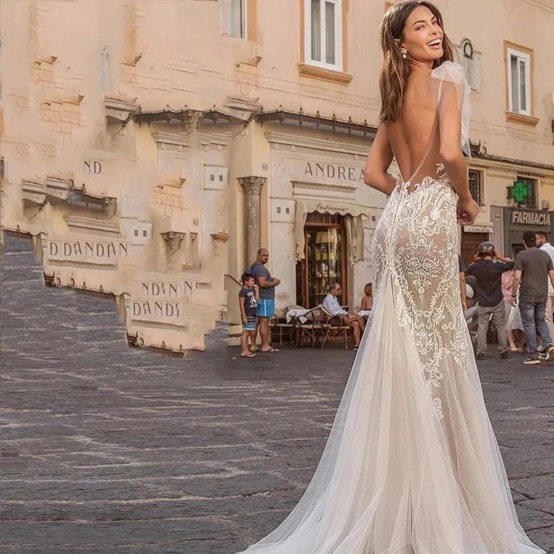 Elegant Scoop Neck Backless Mermaid Wedding Dress Simple Sleeveless Spaghetti Strap Bride Party Romantic Tulle Applique