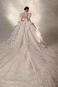 Regal High Neck Puff Sleeve Tulle Wedding Dress with Sequin Embroidery & Layered Ruffle Train Q6020