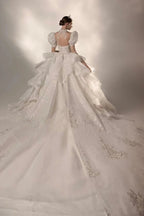 Regal High Neck Puff Sleeve Tulle Wedding Dress with Sequin Embroidery & Layered Ruffle Train Q6020