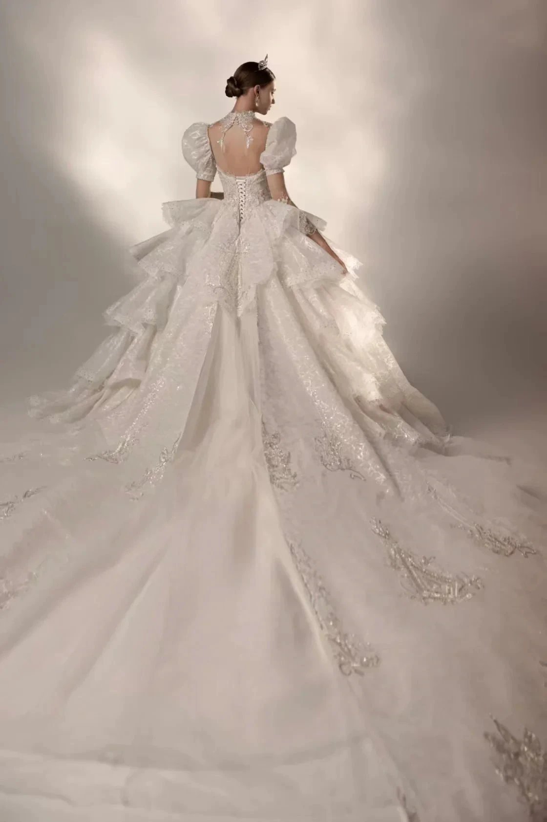 Regal High Neck Puff Sleeve Tulle Wedding Dress with Sequin Embroidery & Layered Ruffle Train Q6020