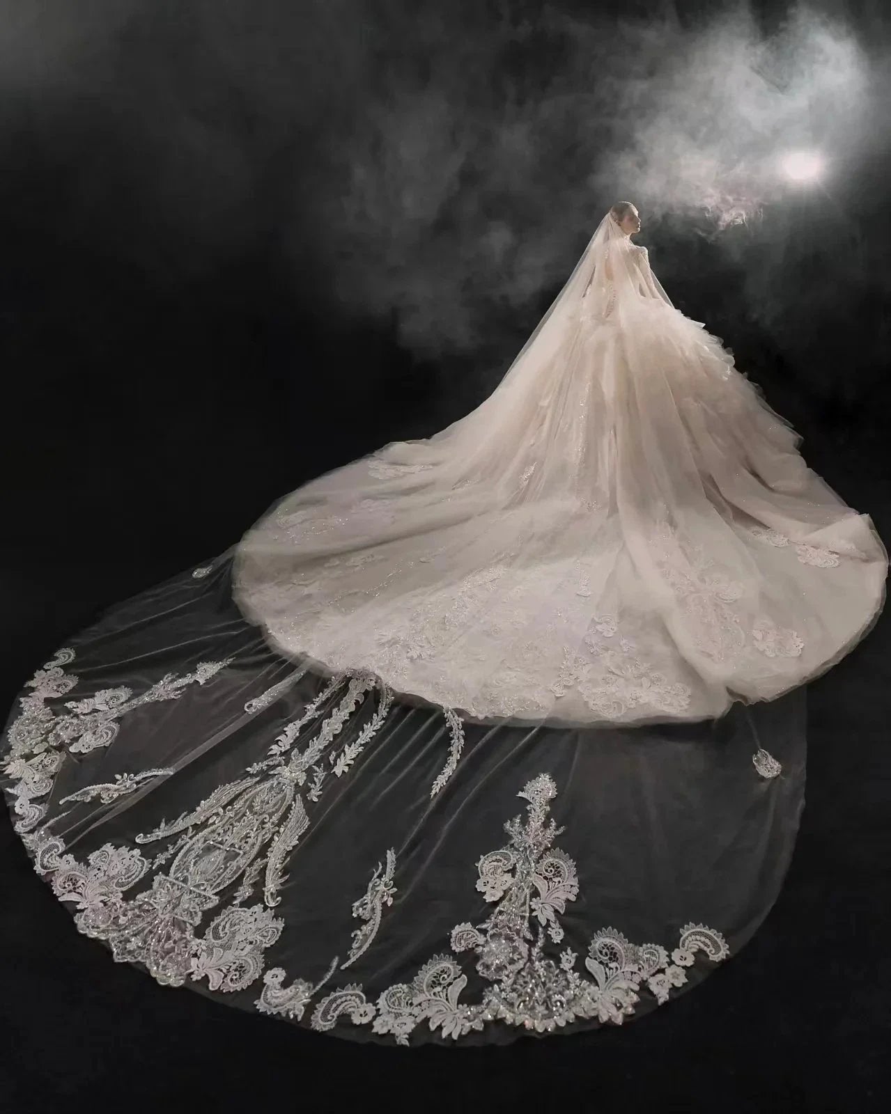 Luxurious V-Neck Ball Gown Long Lace Sleeve Beaded Embroidery Wedding Dress with Layered Ruffled Train E310