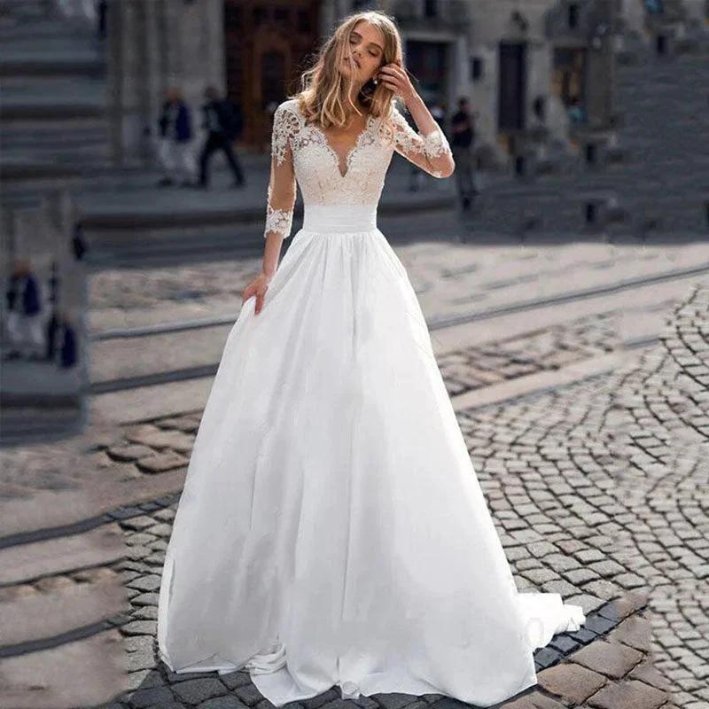 JEHETH Lace Appliques Wedding Dresses For Women Satin Elegant A Line Illusion Back With Button Bride Dress Vestidos de Novia