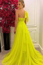 Stunning One Shoulder Tulle Long A-Line Prom Dresses with Slit