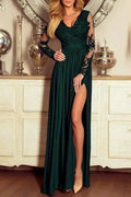 Dark Green Long A-line V-neck Lace Front Slit Prom Dress with Sleeves