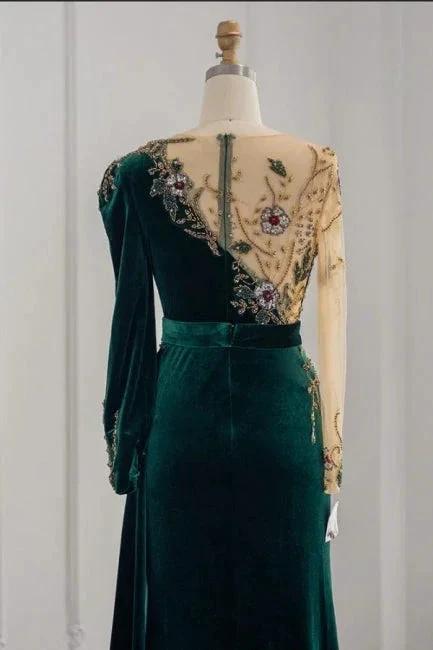 Dark Green Long Sleeves Jewel Mermaid Evening Dresses Prom Gowns With Ruffles