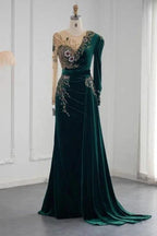 Dark Green Long Sleeves Jewel Mermaid Evening Dresses Prom Gowns With Ruffles