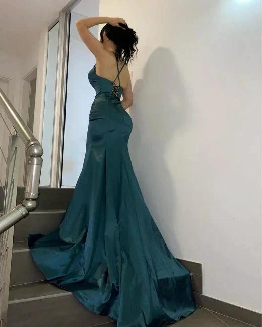 Dark Green Simple V-neck Long Mermaid Prom Dresses