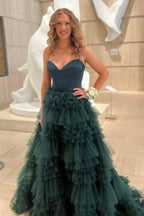 Dark Green Sweetheart Ruffle Tiered Tulle Long Prom Dresses with Slit