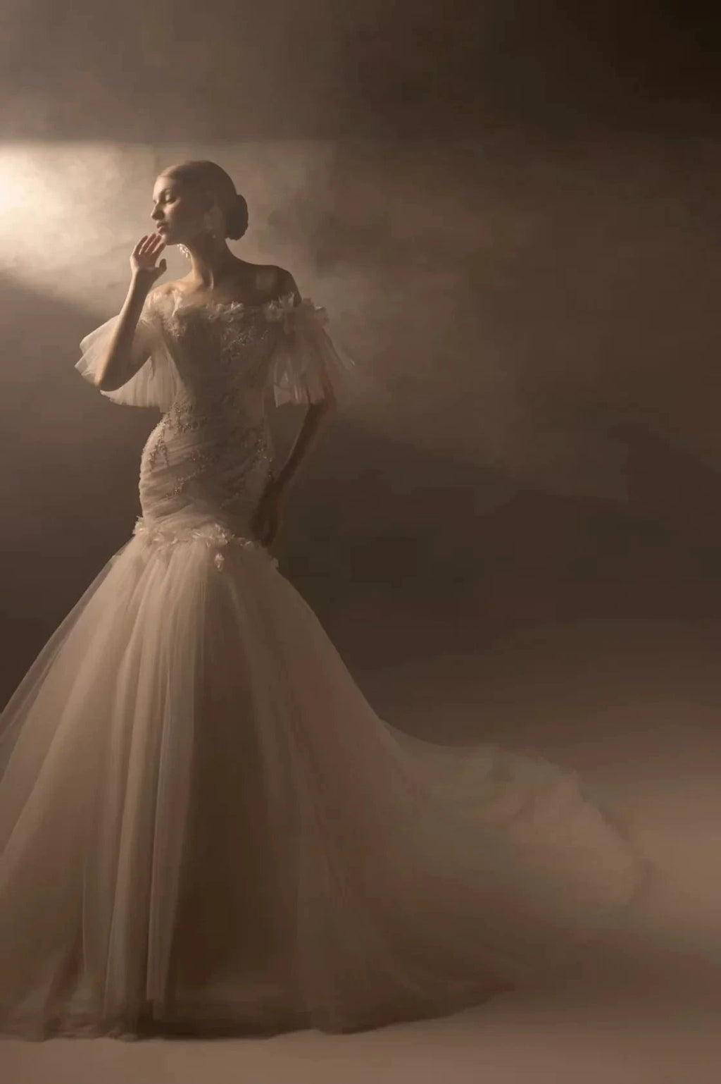 Ethereal Mermaid Off-the-Shoulder Tulle Wedding Dress with Beaded Embroidery & 3D Floral Accents H011
