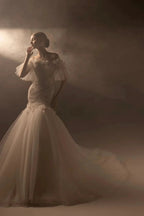 Ethereal Mermaid Off-the-Shoulder Tulle Wedding Dress with Beaded Embroidery & 3D Floral Accents H011