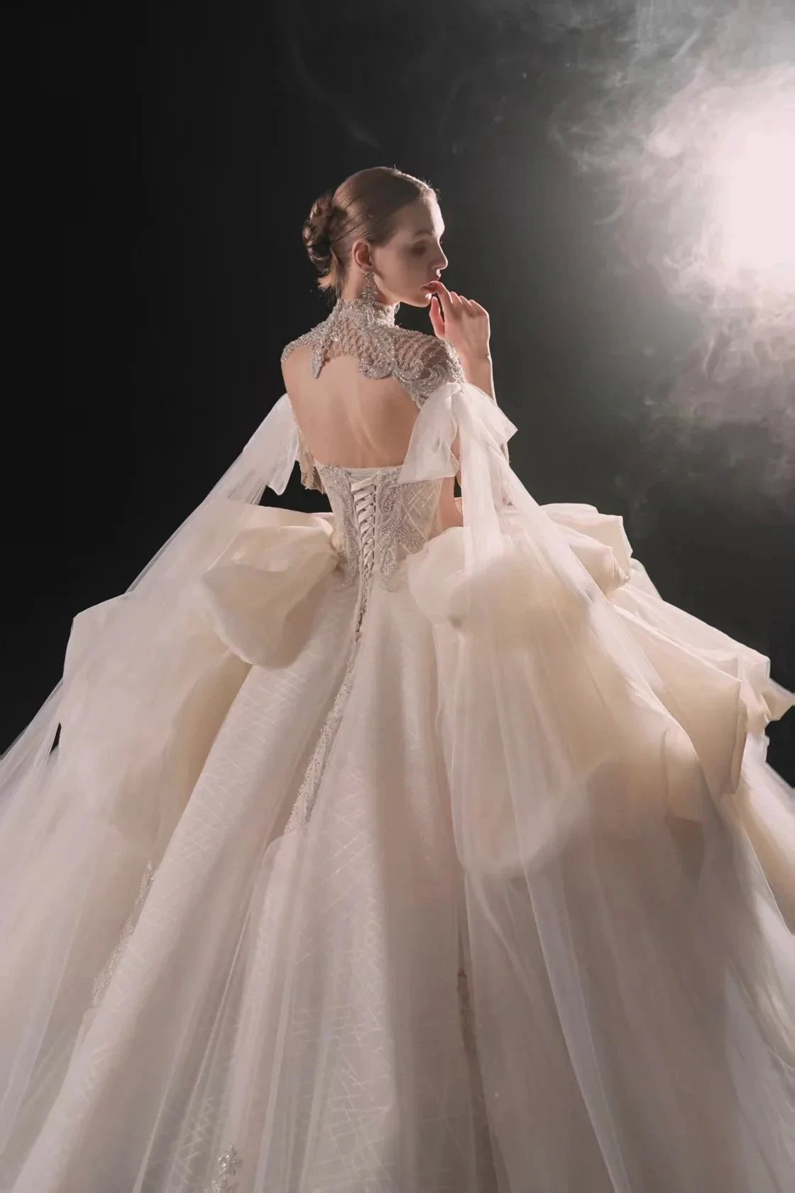 Opulent High-Neck Ball Gown Beaded Mesh Capelet Ruffled Skirt Wedding Dress with Sparkling Train Q6009
