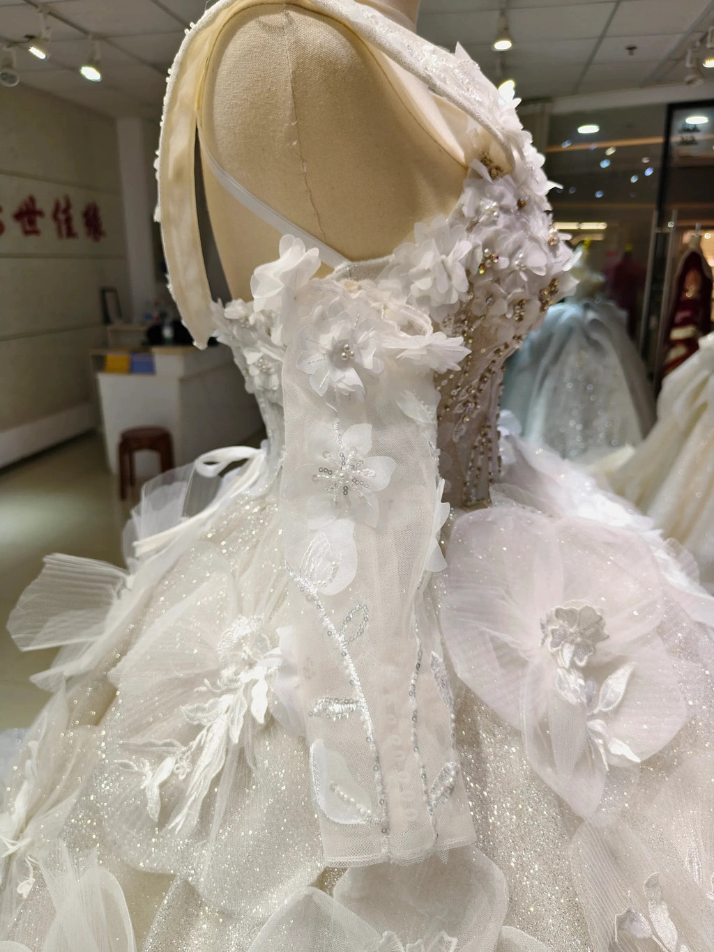 Ivory Petal Whisper Ballgown Organza Floral Bust & Bloom Train