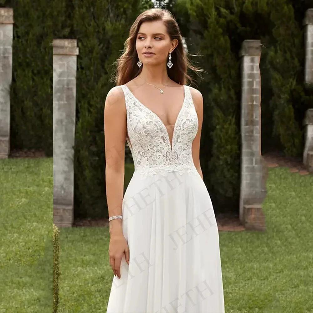 Wedding Dresses Vintage A Line Boho Lace V Neck Split Sleeveless Bridal Gown Vestidos De Novia Backless Appliques Women
