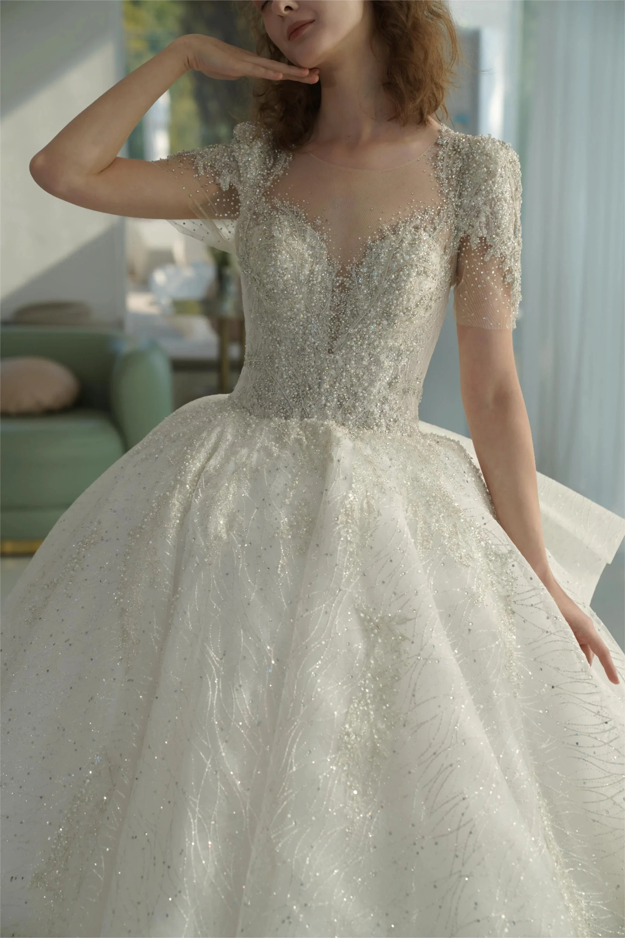Luminous Ball Gown Illusion Neck Tulle Wedding Dress with Crystal Beaded Embroidery & Bow Back Train Q-6023