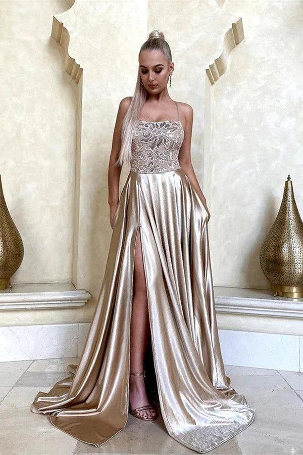 Long A-line Satin Lace Backless Front Slit Evening Prom Dresses with Pockets