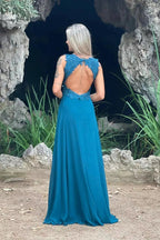 V Neck Split Front Chiffon Long Evening Dress with Elegant Appliques Lace